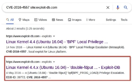 Screenshot of CVE-2016-4557 Google search
