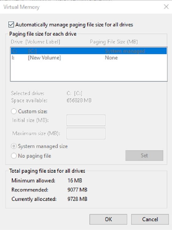 Screenshot of the Virtual Memory's 'Automatically manage paging file size for all drives' section with the box checked.