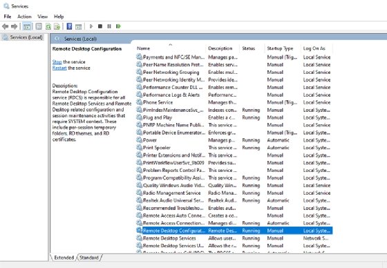 Screenshot of the Remote Desktop Configuration service's stop and restart options.