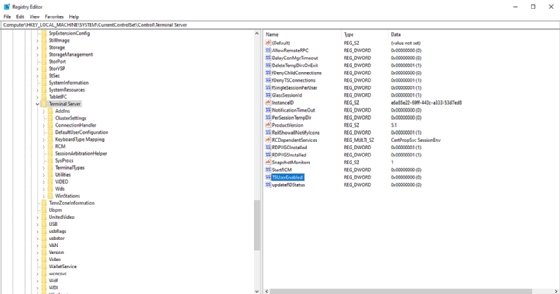 The Windows Registry Editor's Terminal Server values with the TSUserEnabled value set to 0 screenshot.