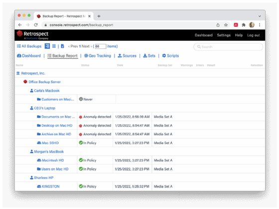 A view of the anomaly detection feature in the Retrospect Management Console