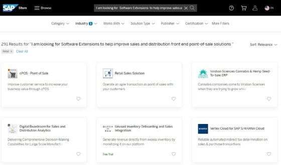 An example of the SAP Store search results, which canhelp customers find applications from SAP and its partners using natural language search.