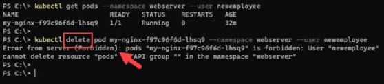The newemployee account is not authorized to perform other commands, and an attempt returns a forbidden error.