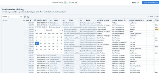 An organization's data is displayed in a Warehouse Data Editing dashboard from Sigma Computing.