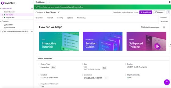 Screenshot of SingleStore cloud-based database service