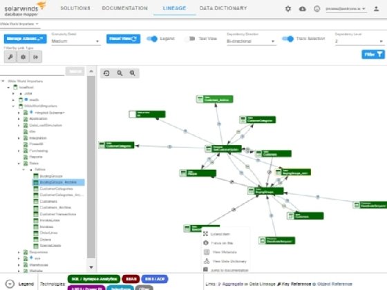 Screenshot of SolarWinds Database Mapper with data lineage capability