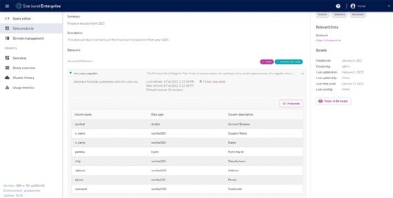 Screenshot of Starburst data product