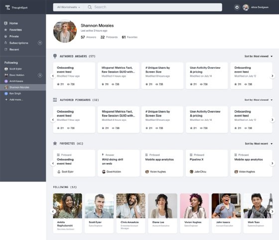 An employee's work with data is displayed in the feed of ThoughtSpot One.