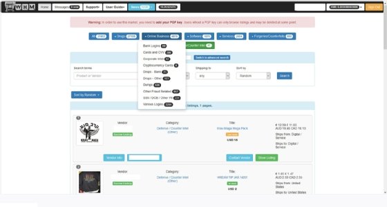 A screenshot of darknet marketplace White House Market.