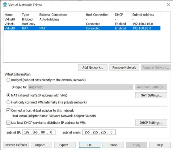 Screenshot of Workstation Virtual Network Editor interface