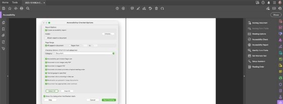 A screenshot of the Accessibility Checker popup, which includes a list of options that users can check or uncheck for whether they want the Checker to look for a particular issue.
