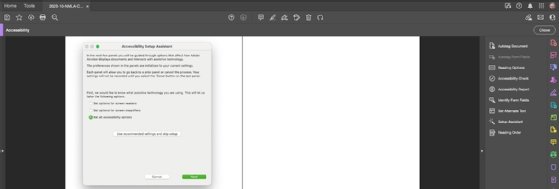 A screenshot of the first prompt for Adobe Acrobat's Accessibility Setup Assistant.