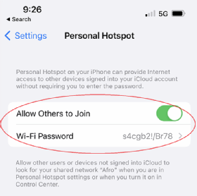 Screenshot of the Personal Hotspot setting where a user can enter a WiFi password and allow others to join the network.