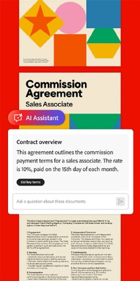 Screenshot of Adobe AI Assistant Contract Intelligence showing the commission rates for a sales associate.