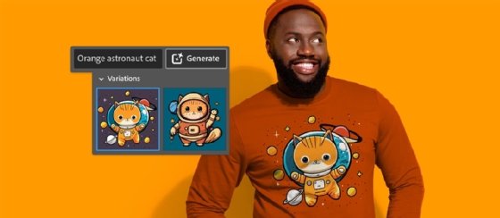 Photo showing a man wearing a T-shirt with a design created with Adobe's new Firefly Vector Model.