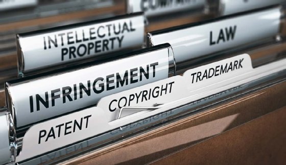 Legal file folders labeled 'infringement,' 'intellectual property,' etc.