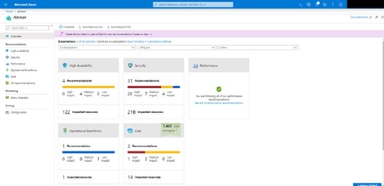 Azure Portal screen where users can access Azure Advisor through the search bar