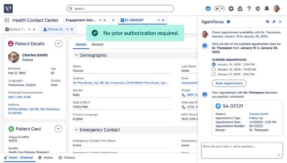 Screenshot of Agentforce for Health AI contact center tools