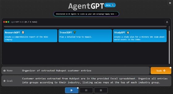 Screenshot of the AgentGPT user interface.