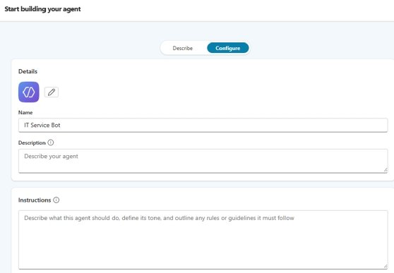 Screenshot of Copilot Studio page for configuration of an IT Service Bot.