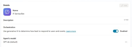 Screenshot of Copilot Studio page with details for agent name, description, orchestration and agent model.