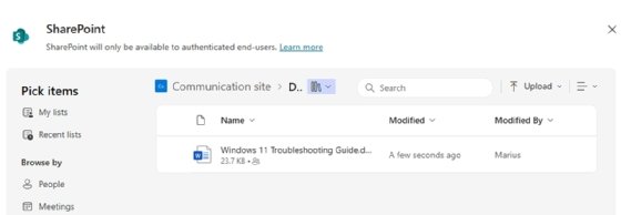 Screenshot of SharePoint browser window with Windows 11 Troubleshooting Guide highlighted.