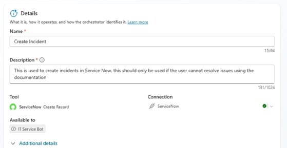 Screenshot of Copilot Studio details for the ServiceNow tool, describing under what circumstances the agent should create an incident.