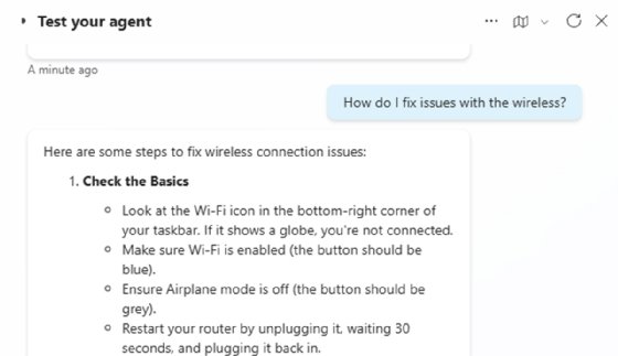 Screenshot of user-agent chat, with agent providing a list of troubleshooting suggestions for the user's query about fixing issues with the wireless connection.