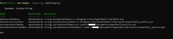 A PowerShell command line window shows the properties of the $Profile variable.