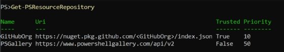 A command window shows a PowerShell command used to list repositories registered for use with PSResourceGet.
