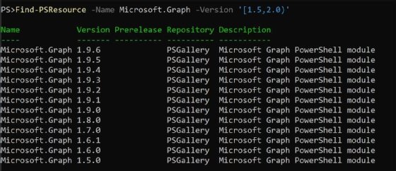 A command window runs a PowerShell command to find a module between a specific version range.
