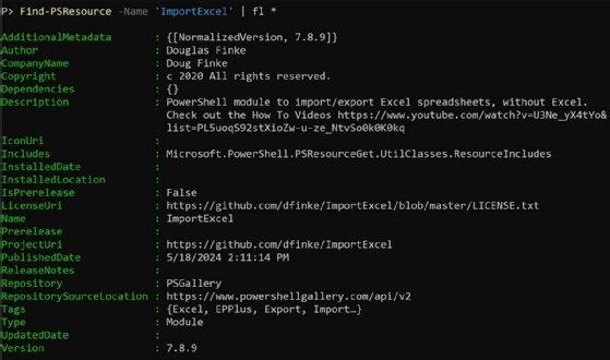 A command window that shows a PowerShell command to display a module's metadata.
