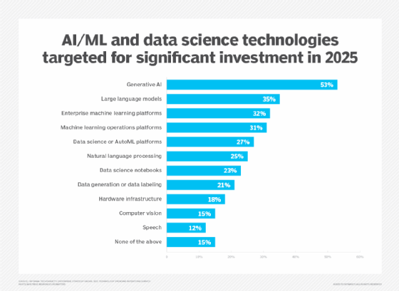 Bar chart listing technologies targeted for 2025 spending in the data science and AI/ML sector.