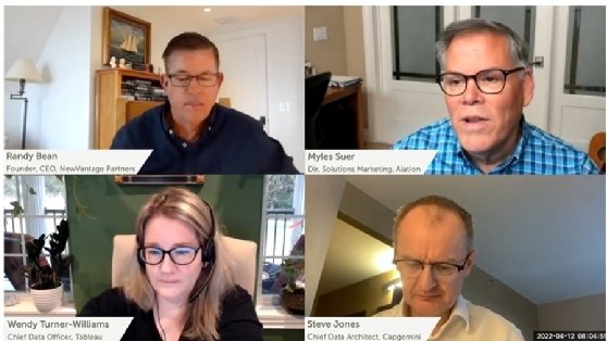 Clockwise from top left, Randy Bean of NewVantage Partners, Myles Suer of Alation, Steve Jones of Capgemini and Wendy Turner-Williams of Tableau take part in a webinar.