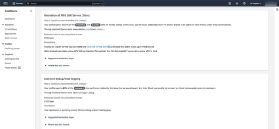 Recommendations are given in the CodeGuru dashboard