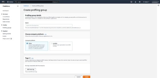 Create a profiling group from your AWS dashboard