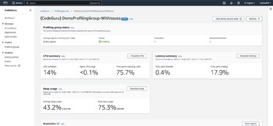 Demo profiling with performance issues on AWS dashboard.