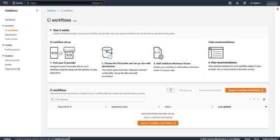 Find the CI workflows under the Reviewer section in the CodeGuru dashboard