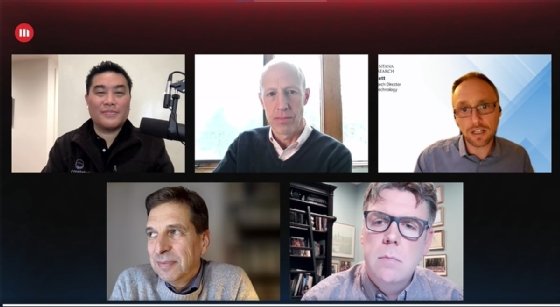 Clockwise from top left, Ray Wang of Constellation Research, Mike Gualtieri of Forrester Research, Matt Aslett of Ventana Research, Bill Reidway of MicroStrategy and Carsten Bange of BARC.