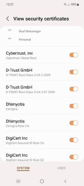 The Android Settings page, where users can see all installed certificates.