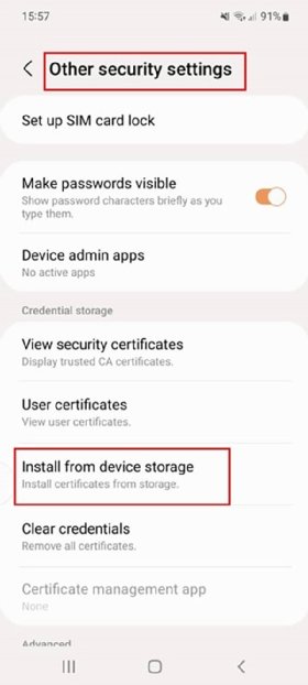 The Android Settings page, where users can install certificates.