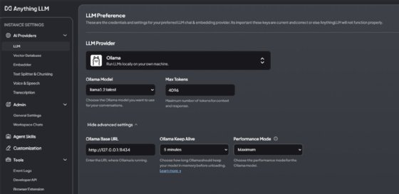 Screenshot of AnythingLLM's LLM Preference dashboard showing Ollama.