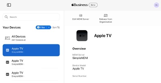 The management console of Apple Business Manager showing MDM management. 