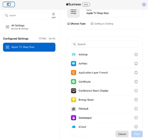 The Apple Business Manager console showing the Apple TV Shop floor and the associated services. 
