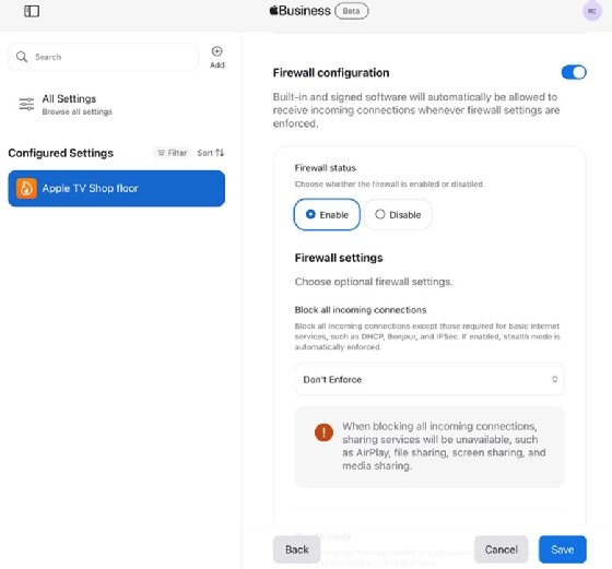 The Apple TV firewall settings within Apple Business Manager. 