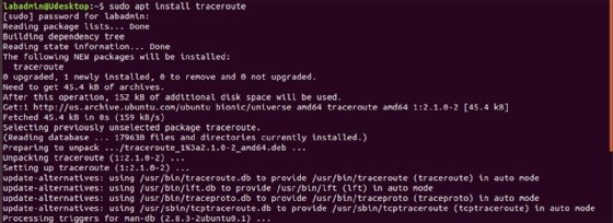 Traceroute command in a terminal window