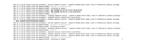 Screenshot of arpwatch's database mapping ARP and IP addresses, including change logs