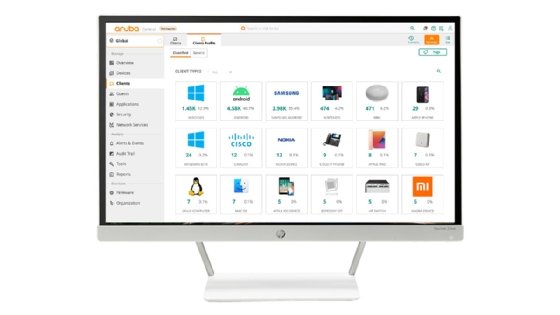 Aruba Client Insights displays device types such as Apple iPads and Cisco access points. The dashboard also shows the number of devices by type.