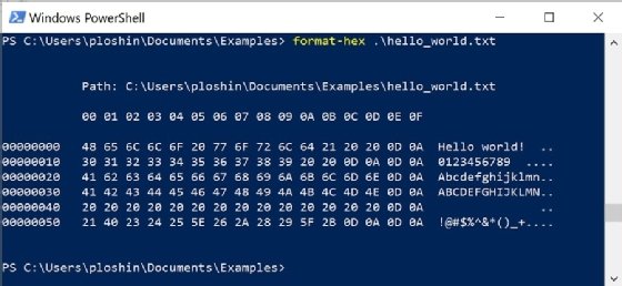 A screen capture showing how to view ASCII encoding for a text file using the 'Format-Hex' command in PowerShell.